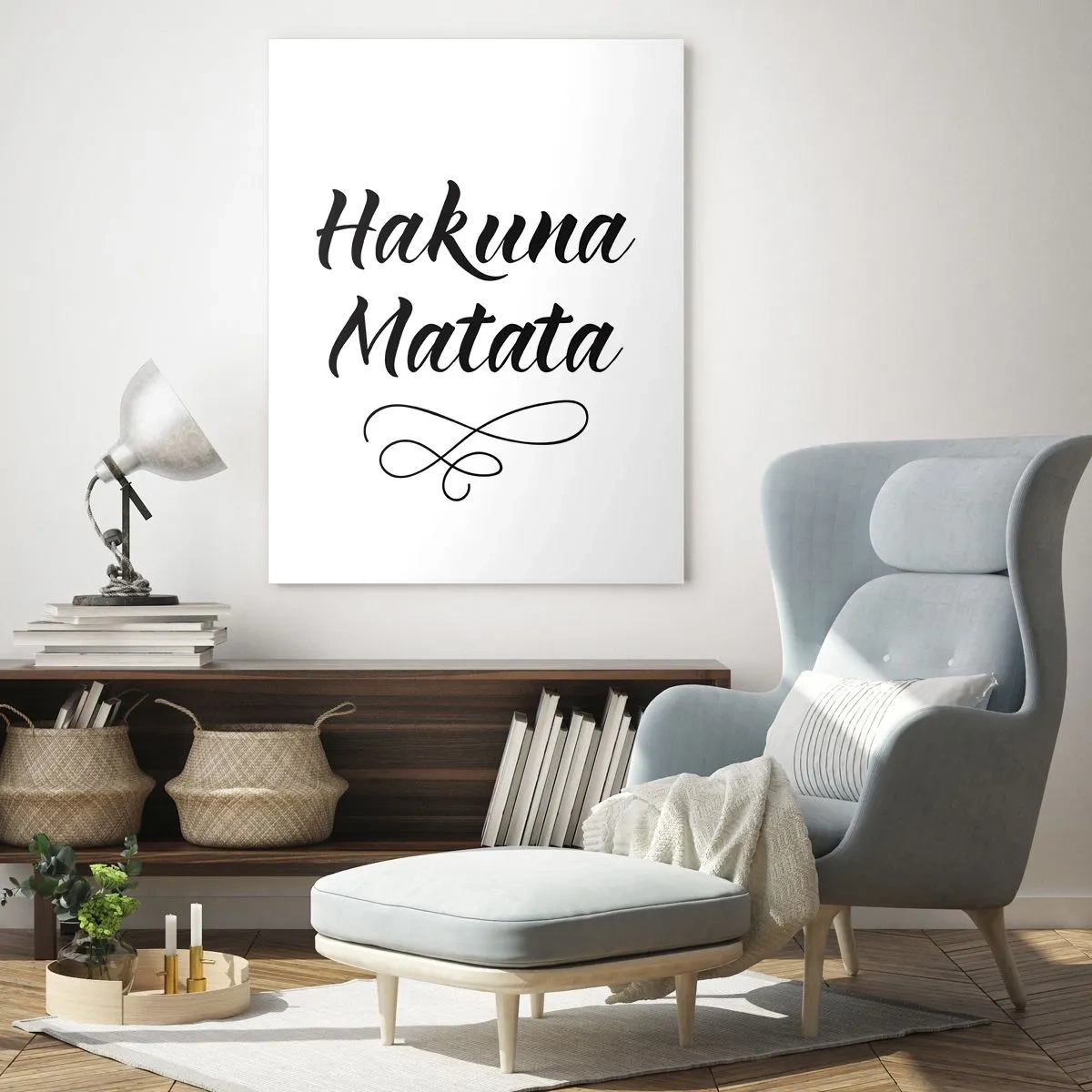 Cuadro sobre vidrio - Impresiones sobre Vidrio - Letras de Hakuna Matata con acento decorativo sobre un fondo blanco. - 50x70cm - El mejor consejo - Decoración de pared moderna para salón y dormitorio ARTTOR