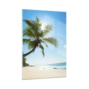 Cuadro sobre vidrio - Impresiones sobre Vidrio - Playa tropical con palmeras y cielo azul. - 50x70cm - Mi lugar privado - Decoración de pared moderna para salón y dormitorio ARTTOR