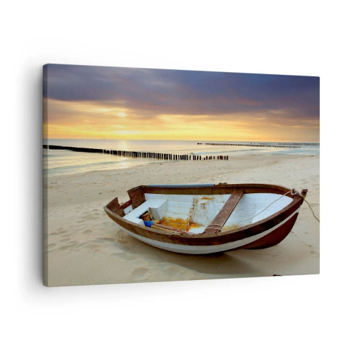 Cuadro sobre lienzo - Impresión de Imagen - Un barco en una playa de arena al atardecer. - 70x50cm - No hay playas más bonitas - Decoración de pared moderna para salón y dormitorio ARTTOR