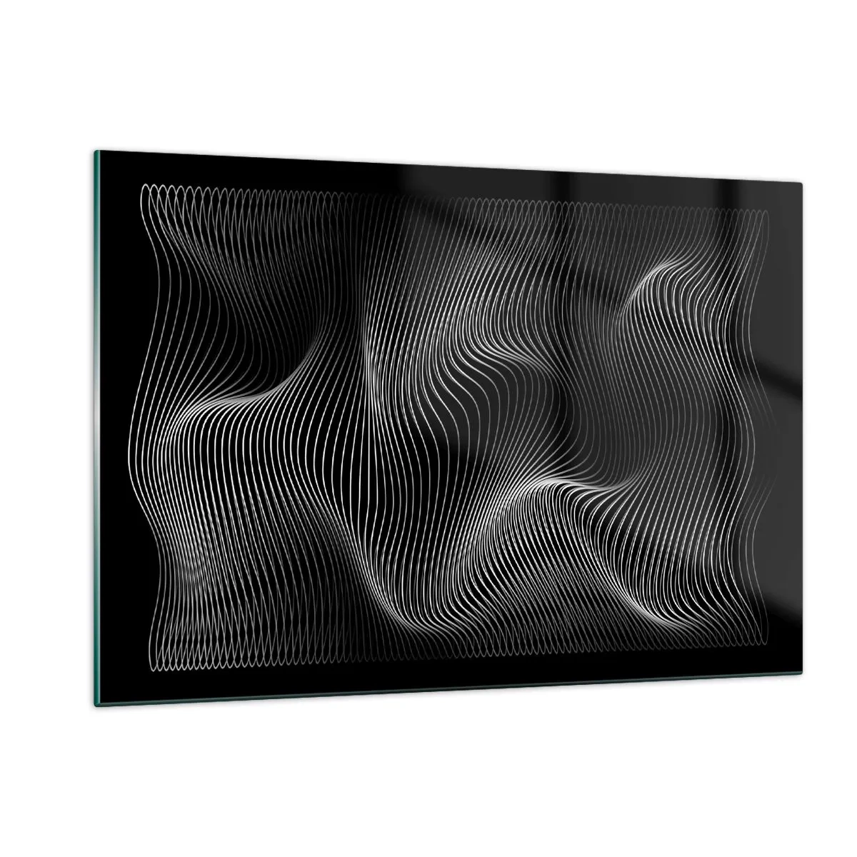 Cuadro sobre vidrio - Impresiones sobre Vidrio - Líneas blancas hipnóticas que ondulan sobre un fondo negro - 120x80cm - La danza de la luz en el espacio - Decoración de pared moderna para salón y dormitorio ARTTOR