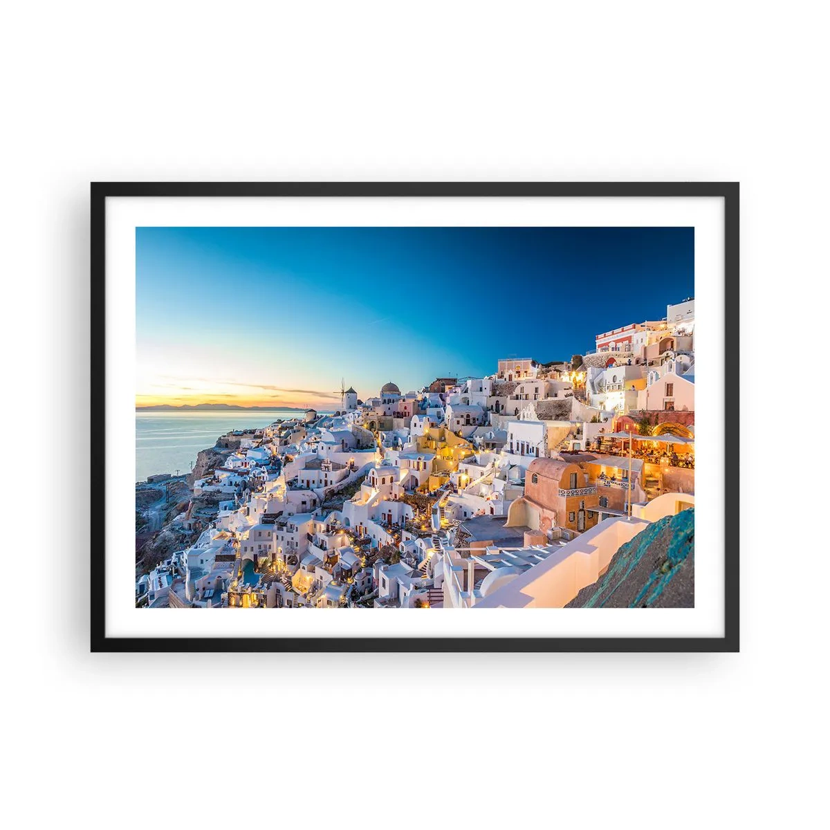 Póster en marco negro - Vista de una ciudad griega al atardecer - 70x50cm - La esencia de lo griego - Decoración de pared moderna para salón y dormitorio ARTTOR
