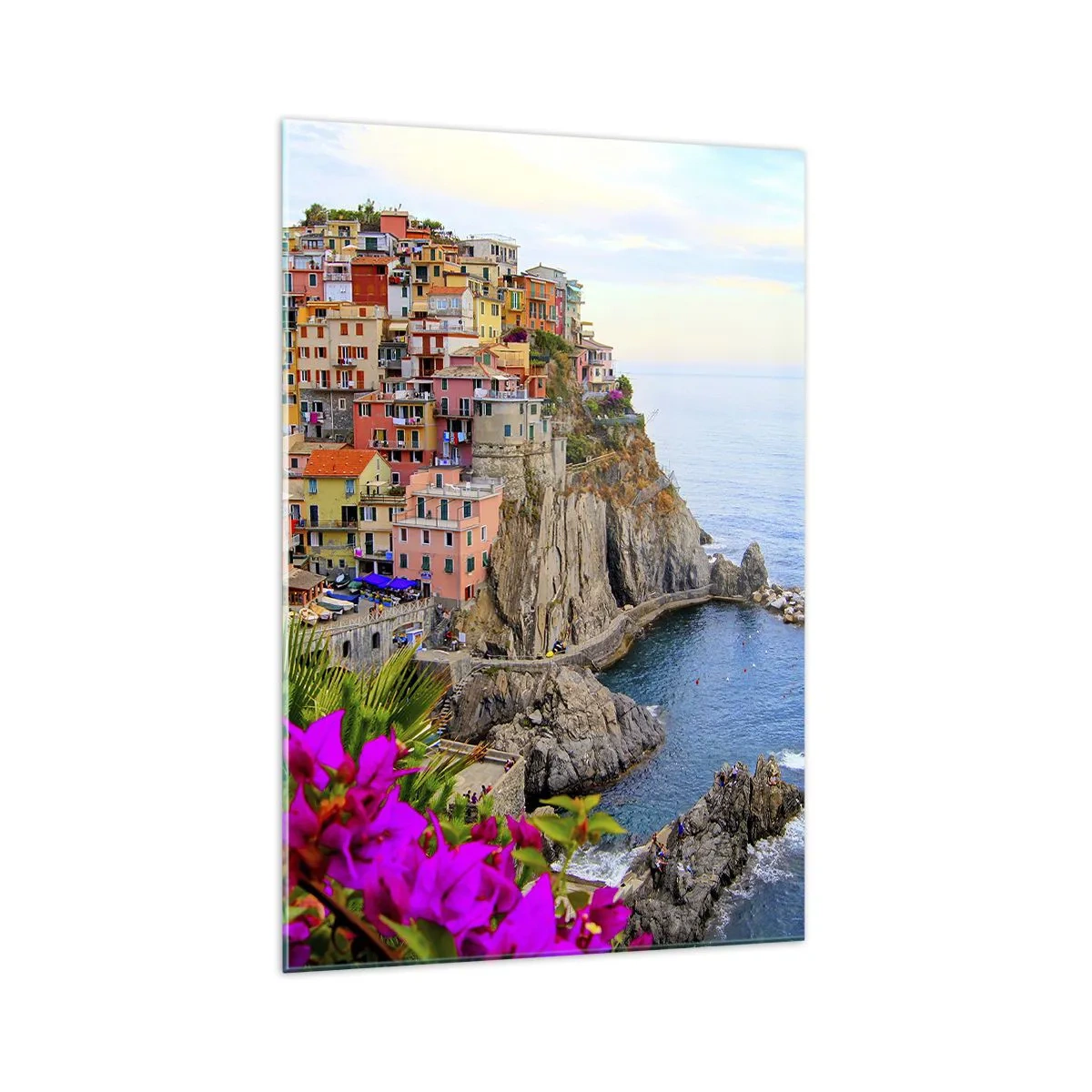 Cuadro sobre vidrio - Impresiones sobre Vidrio - Casas coloridas en un acantilado con vistas al mar en un paisaje pintoresco - 70x100cm - La ciudad de la risa - Decoración de pared moderna para salón y dormitorio ARTTOR