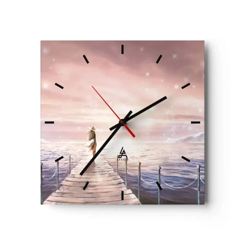 Reloj de pared - Reloj de vidrio - Una mujer en un embarcadero en un entorno mágico de puesta de sol. - 30x30cm - A la luz de un sueño - Decoración de pared moderna para salón y dormitorio ARTTOR