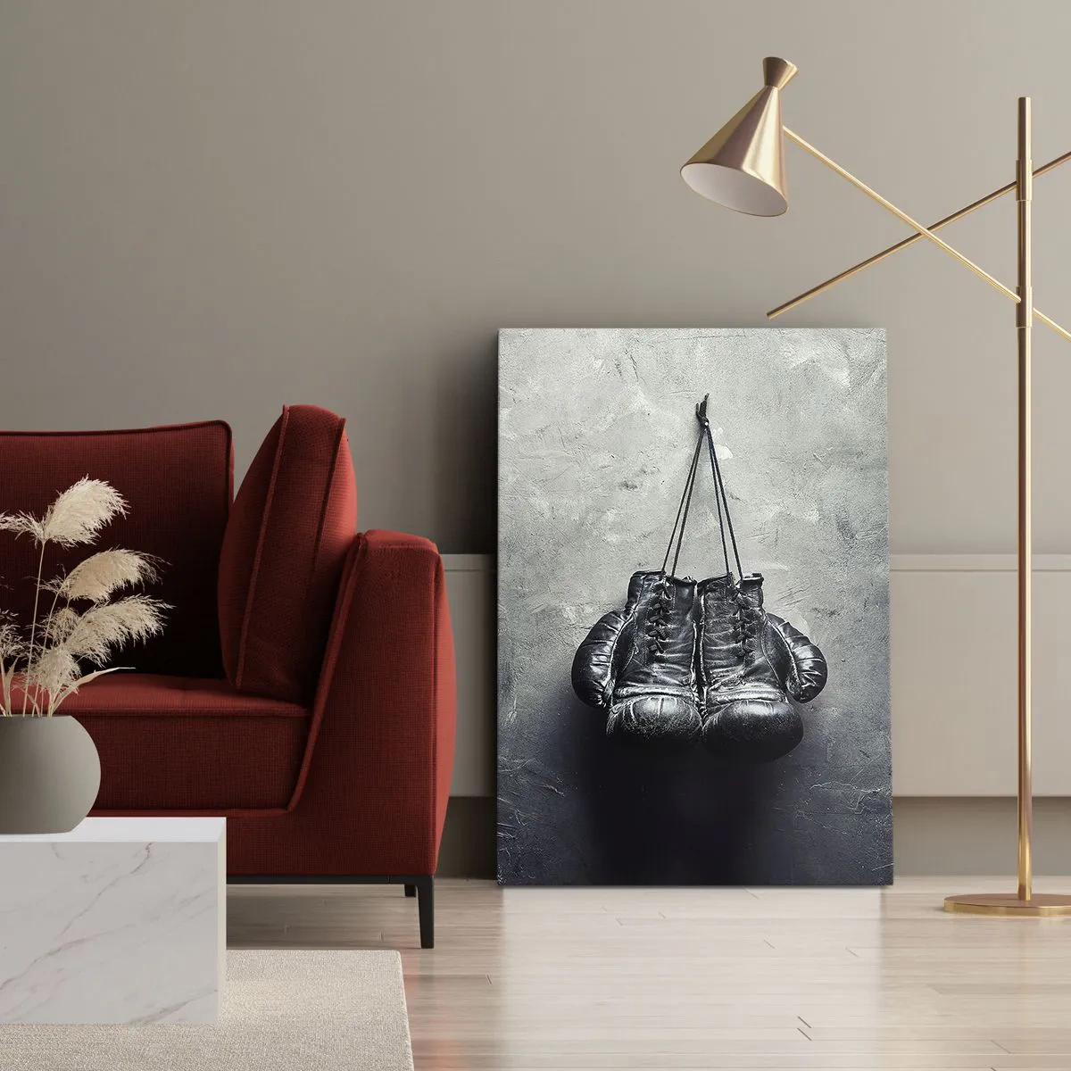 Cuadro sobre lienzo - Impresión de Imagen - Guantes de boxeo viejos contra la pared - 70x100cm - Tiempo de lucha y tiempo de paz - Decoración de pared moderna para salón y dormitorio ARTTOR