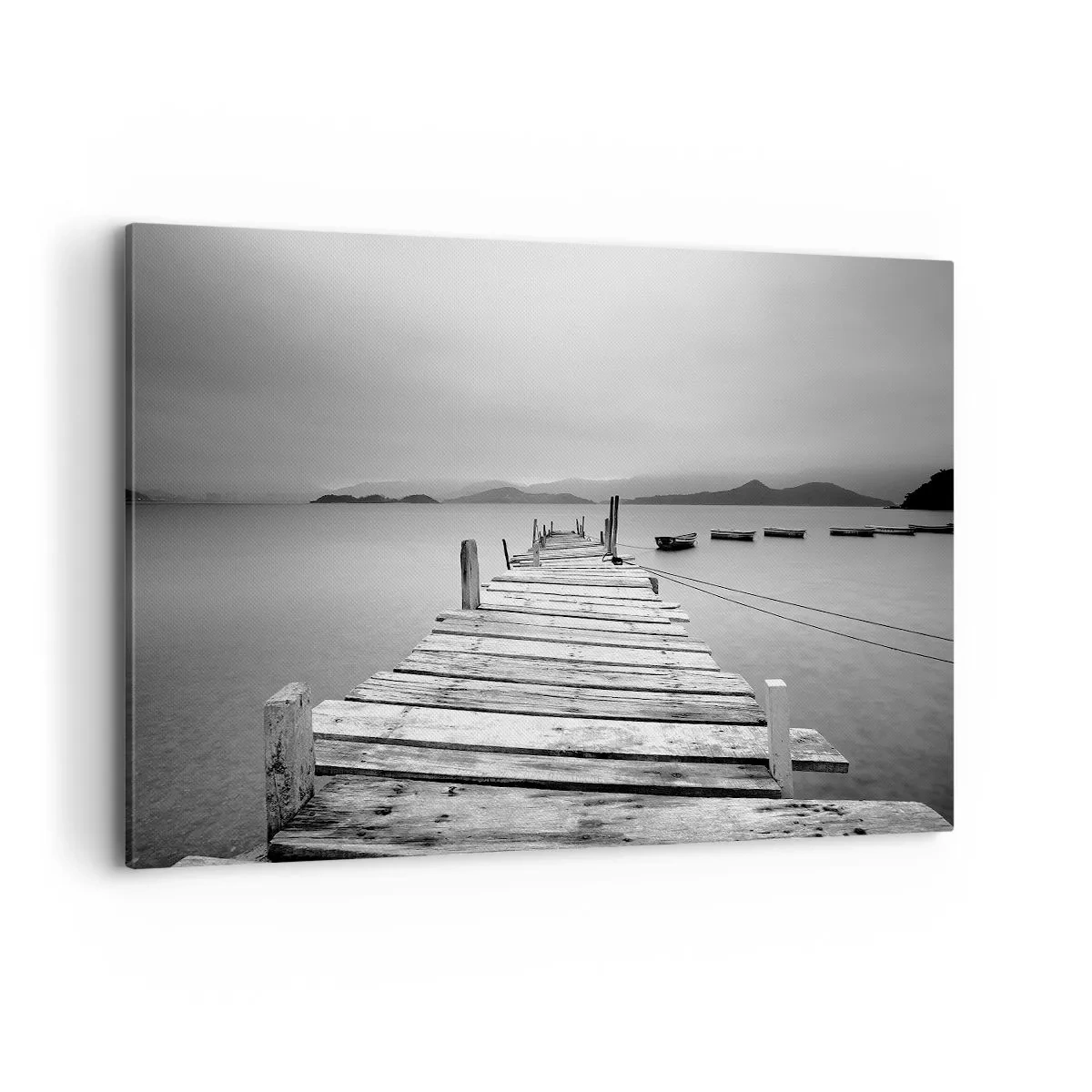 Cuadro sobre lienzo - Impresión de Imagen - Una vista en blanco y negro de un embarcadero de madera y un lago tranquilo. - 100x70cm - Más allá de las montañas, más allá de los mares - Decoración de pared moderna para salón y dormitorio ARTTOR