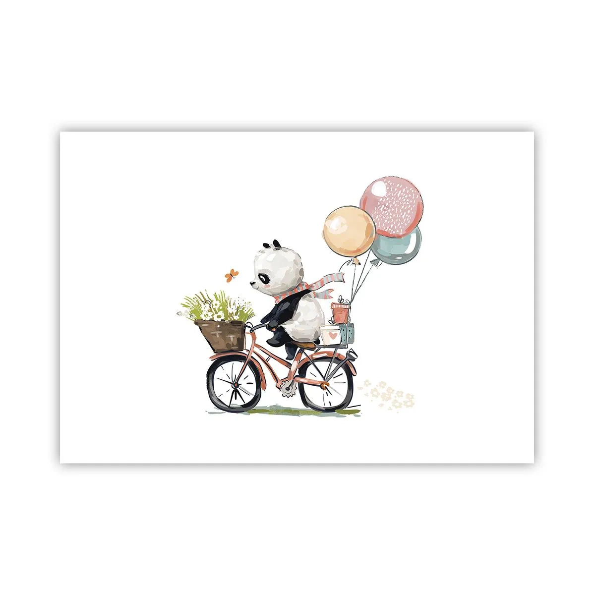 Póster - Panda en bicicleta con globos y flores. - 100x70cm - Un día feliz - Decoración de pared moderna para salón y dormitorio ARTTOR