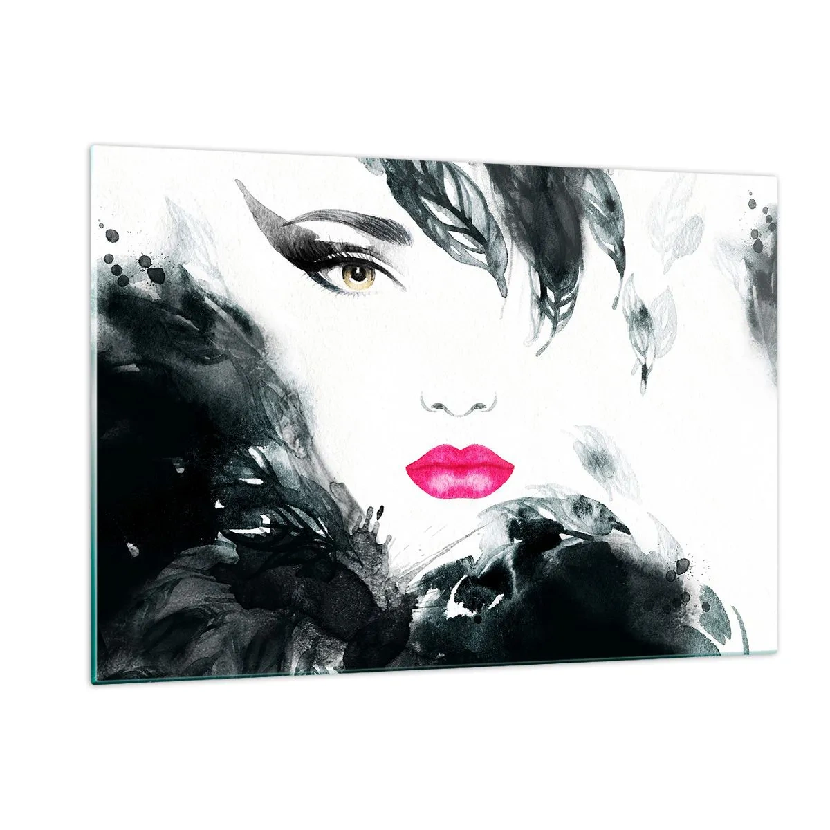 Cuadro sobre vidrio - Impresiones sobre Vidrio - Retrato de una mujer con labios rosados y acentos negros. - 120x80cm - ¡Cuidado! Femme fatale - Decoración de pared moderna para salón y dormitorio ARTTOR