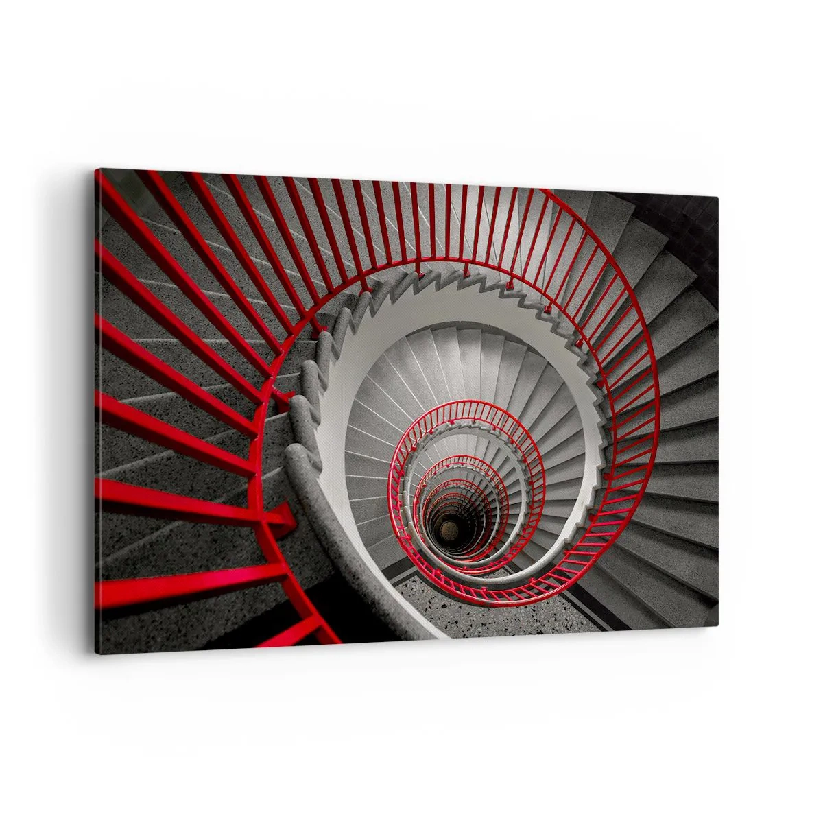 Cuadro sobre lienzo - Impresión de Imagen - Escalera de caracol con pasamanos rojos en perspectiva dinámica. - 120x80cm - Juegos arquitectónicos - Decoración de pared moderna para salón y dormitorio ARTTOR