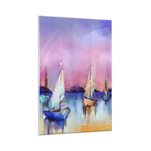 Cuadro sobre vidrio - Impresiones sobre Vidrio - Veleros en un mar tranquilo en los colores pastel del atardecer. - 80x120cm - Dirección alta mar - Decoración de pared moderna para salón y dormitorio ARTTOR