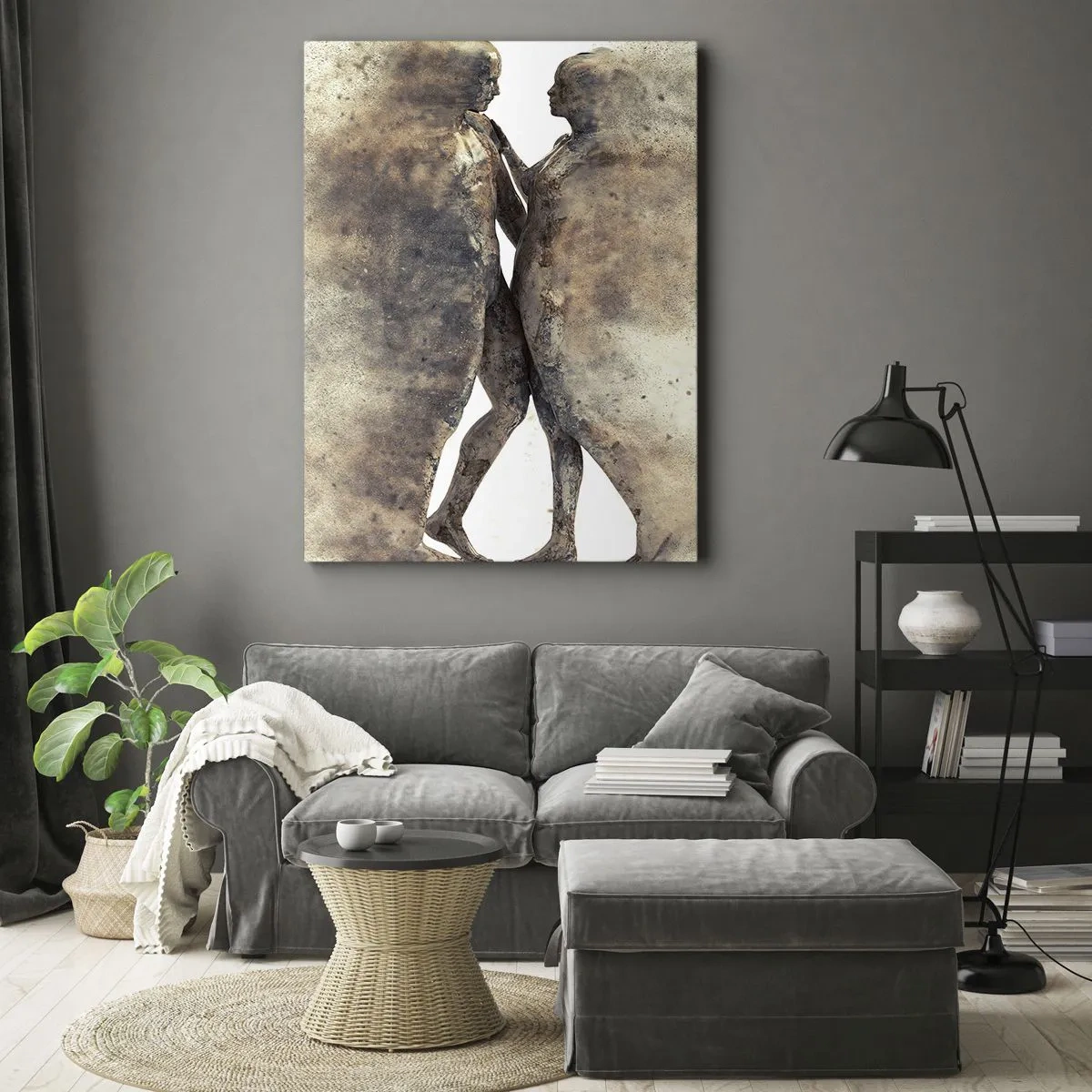 Cuadro sobre lienzo - Impresión de Imagen - Un dúo abstracto de siluetas en tonos arena. - 50x70cm - Del polvo resurgieron para amar - Decoración de pared moderna para salón y dormitorio ARTTOR