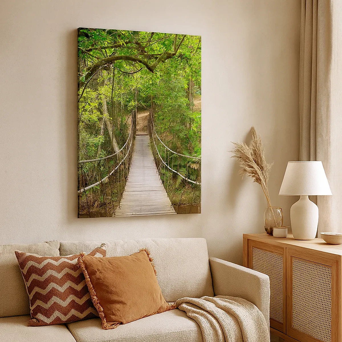 Cuadro sobre lienzo - Impresión de Imagen - Un puente colgante rodeado de una selva tropical verde. - 50x70cm - Porque la vid crece en el jardín - Decoración de pared moderna para salón y dormitorio ARTTOR