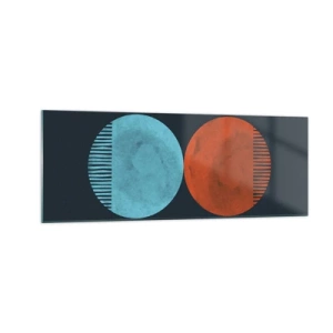 Cuadro sobre vidrio - Impresiones sobre Vidrio - Diseño minimalista de dos ruedas en azul y naranja. - 140x50cm - ¿Solo geometría? - Decoración de pared moderna para salón y dormitorio ARTTOR
