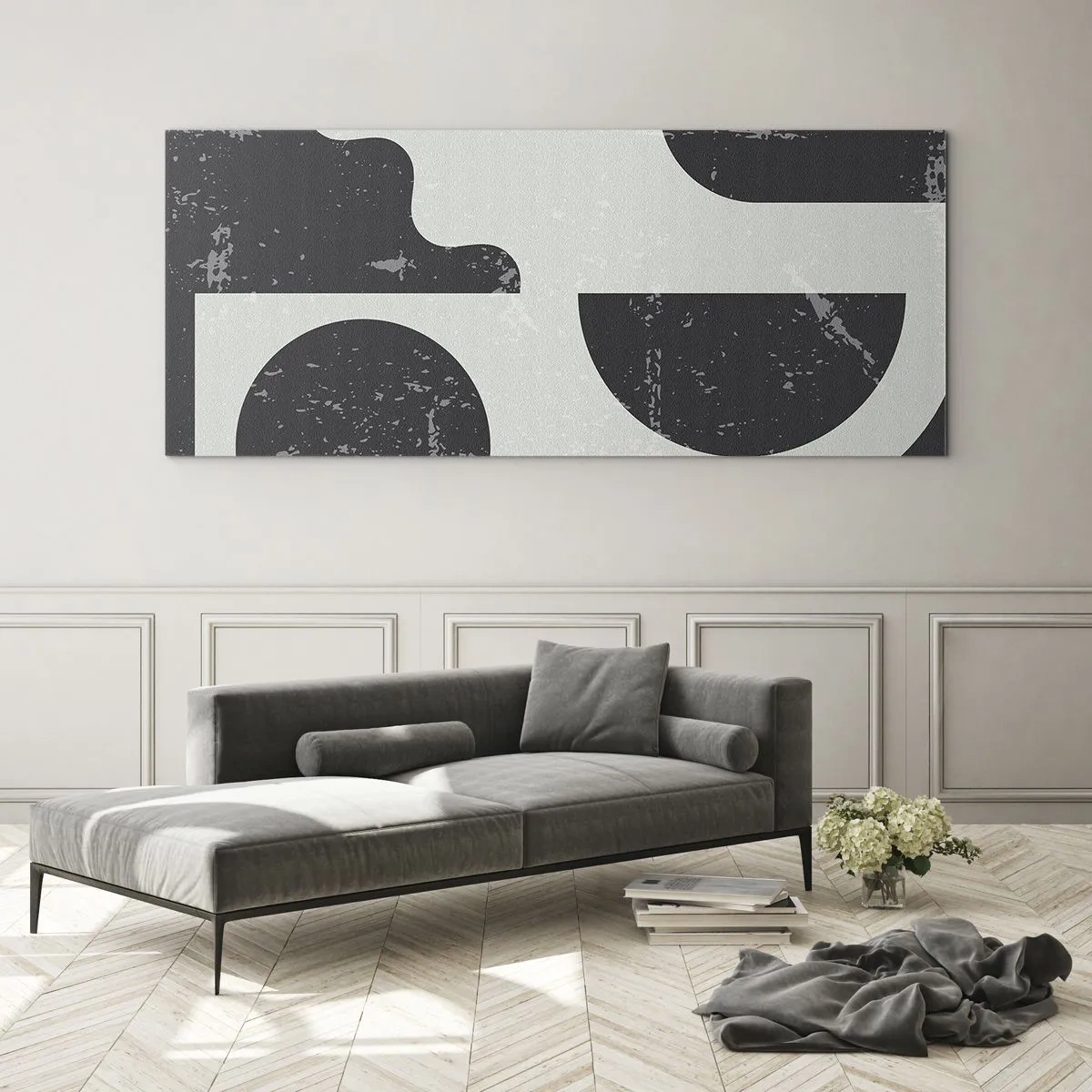 Cuadro sobre vidrio - Impresiones sobre Vidrio - Patrones geométricos en tonos negros y grises. - 120x50cm - Composición arriba y abajo - Decoración de pared moderna para salón y dormitorio ARTTOR