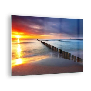 Cuadro sobre vidrio - Impresiones sobre Vidrio - Puesta de sol sobre el mar con rompeolas de madera - 70x50cm - Escuchar el silencio - Decoración de pared moderna para salón y dormitorio ARTTOR