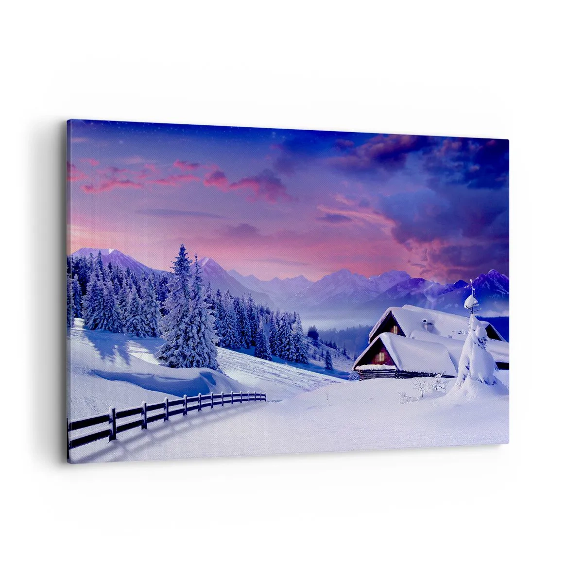 Cuadro sobre lienzo - Impresión de Imagen - Paisaje invernal con cabañas de montaña al atardecer - 120x80cm - Noche de silencio - Decoración de pared moderna para salón y dormitorio ARTTOR