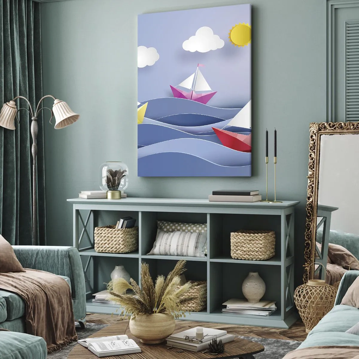 Cuadro sobre lienzo - Impresión de Imagen - Veleros coloridos sobre las olas en un día soleado - 80x120cm - Oh, qué agradable es balancearse entre las olas - Decoración de pared moderna para salón y dormitorio ARTTOR