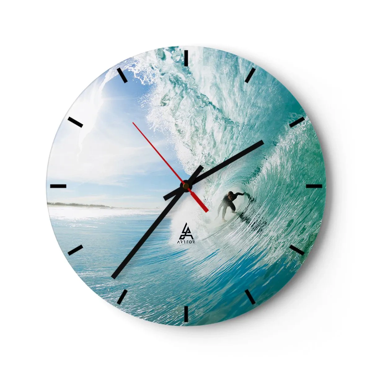 Reloj de pared - Reloj de vidrio - Surfista en un túnel de agua contra un cielo azul - 30x30cm - Siempre en la ola - Decoración de pared moderna para salón, cocina y dormitorio ARTTOR