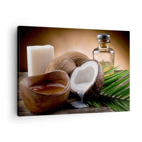Cuadro sobre lienzo - Impresión de Imagen - Cocos, vela y aceite sobre fondo de madera. - 70x50cm - Salud de las islas tropicales - Decoración de pared moderna para salón y dormitorio ARTTOR