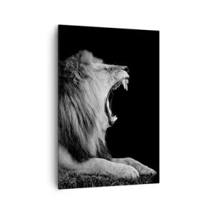 Cuadro sobre lienzo - Impresión de Imagen - Un león rugiente sobre un fondo negro en tonos blanco y negro. - 70x100cm - Sin duda alguna - Decoración de pared moderna para salón y dormitorio ARTTOR