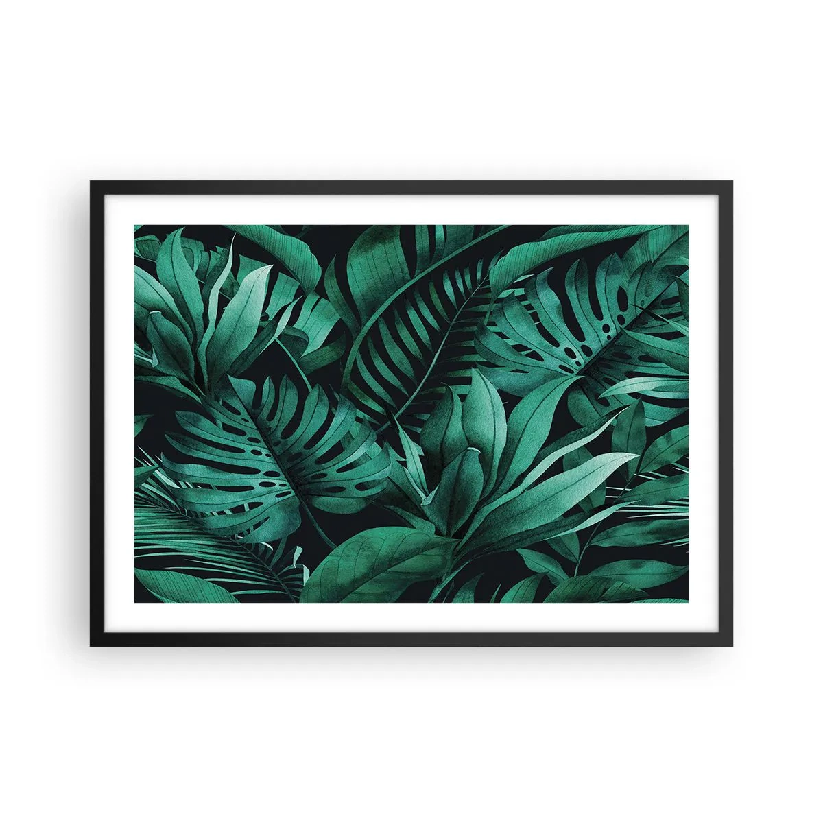 Póster en marco negro - Hojas tropicales en tonos de verde intenso. - 70x50cm - Profundidad del verde tropical - Decoración de pared moderna para salón y dormitorio ARTTOR