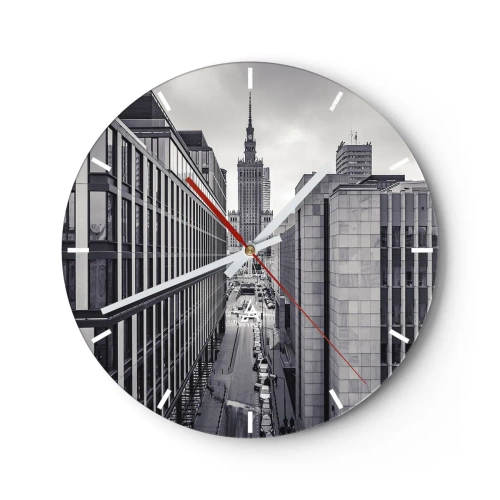 Reloj de pared - Reloj de vidrio - Panorama de la ciudad con arquitectura moderna - 30x30cm - Valle de Varsovia - Decoración de pared moderna para salón, cocina y dormitorio ARTTOR