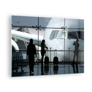 Cuadro sobre vidrio - Impresiones sobre Vidrio - Aeropuerto con vista del avión y siluetas de viajeros - 70x50cm - Vis a vis en el aeropuerto - Decoración de pared moderna para salón y dormitorio ARTTOR