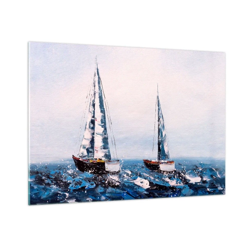 Cuadro sobre vidrio - Impresiones sobre Vidrio - Dos yates en un mar tempestuoso en un estilo pictórico impresionista. - 100x70cm - Hermandad del viento - Decoración de pared moderna para salón y dormitorio ARTTOR