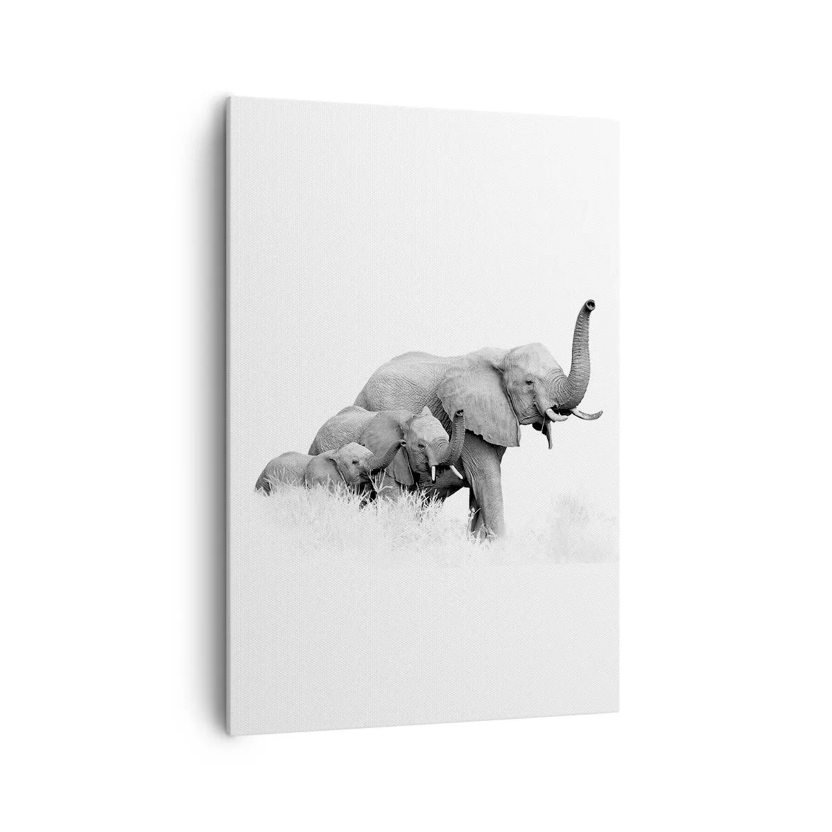 Cuadro sobre lienzo - Impresión de Imagen - Una familia de elefantes frente a un paisaje africano en blanco y negro. - 70x100cm - Uno, dos, tres - Decoración de pared moderna para salón y dormitorio ARTTOR