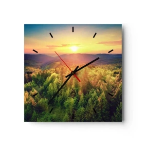 Reloj de pared - Reloj de vidrio - Paisaje forestal con puesta de sol sobre las colinas - 30x30cm - Desde lo alto - Decoración de pared moderna para salón y dormitorio ARTTOR
