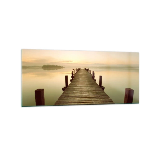 Cuadro sobre vidrio - Impresiones sobre Vidrio - Un embarcadero de madera en un lago tranquilo por la mañana. - 120x50cm - Antes del amanecer, al amanecer, la luz - Decoración de pared moderna para salón y dormitorio ARTTOR
