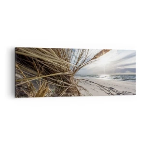Cuadro sobre lienzo - Impresión de Imagen - Una playa con hierba seca en las dunas y vistas al mar. - 140x50cm - Una reunión de los elementos - Decoración de pared moderna para salón y dormitorio ARTTOR