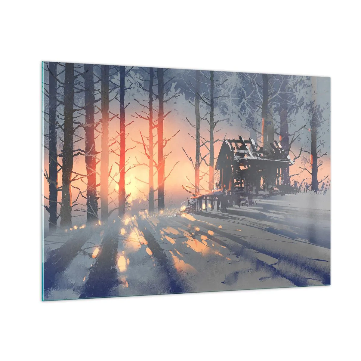 Cuadro sobre vidrio - Impresiones sobre Vidrio - Bosque invernal al atardecer con una cabaña al fondo - 100x70cm - Solo el sol es testigo - Decoración de pared moderna para salón y dormitorio ARTTOR