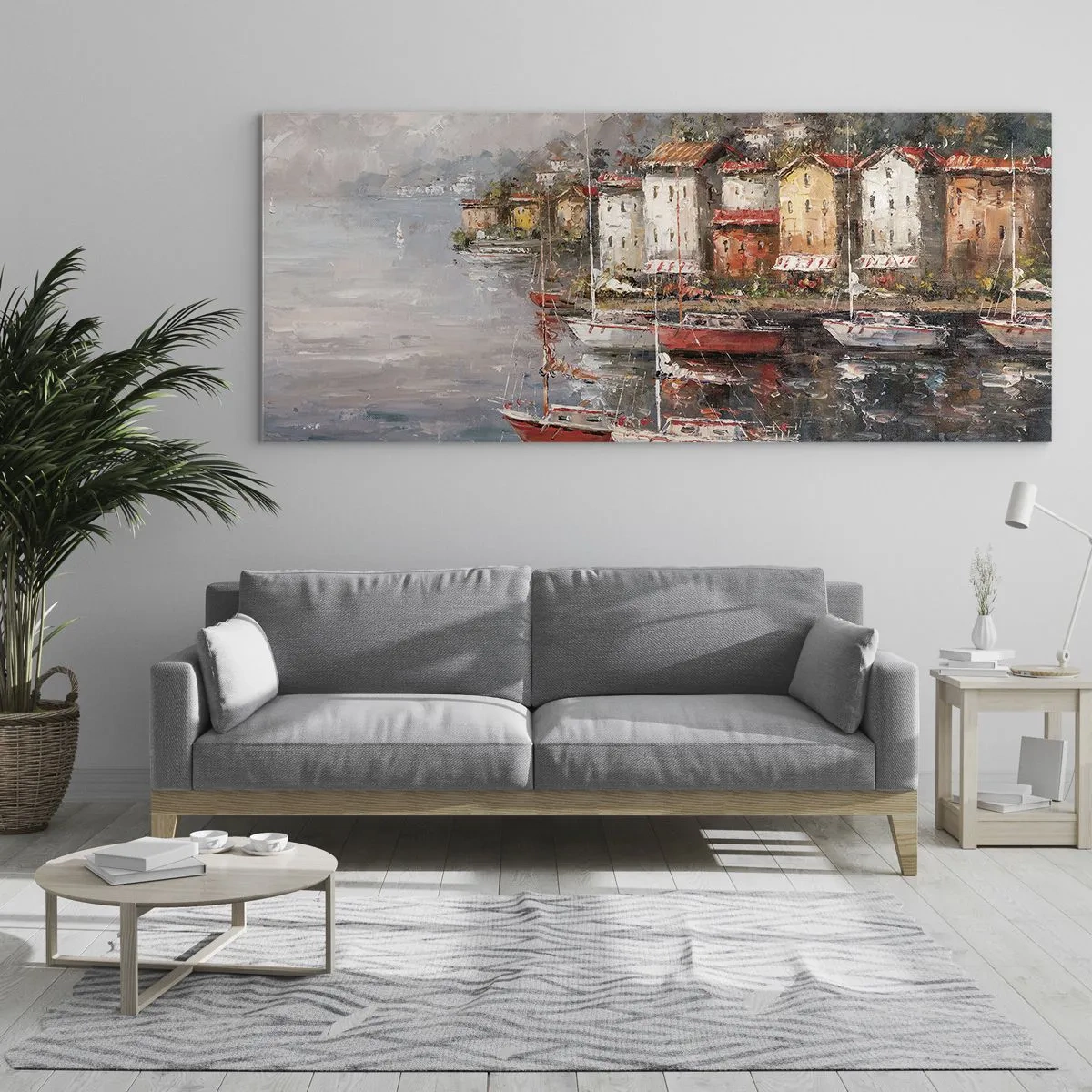 Cuadro sobre vidrio - Impresiones sobre Vidrio - Paisaje costero con barcos y casas de colores. - 120x50cm - Un refugio romántico - Decoración de pared moderna para salón y dormitorio ARTTOR