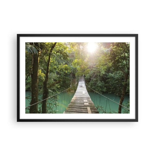Póster en marco negro - Un puente colgante en un bosque tropical iluminado por la luz del sol. - 70x50cm - Sobre el agua azul hacia el bosque - Decoración de pared moderna para salón y dormitorio ARTTOR
