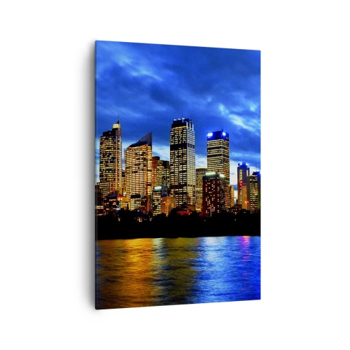 Cuadro sobre lienzo - Impresión de Imagen - Panorama de la ciudad nocturna con rascacielos iluminados sobre el agua. - 70x100cm - Noche de luces y colores - Decoración de pared moderna para salón y dormitorio ARTTOR