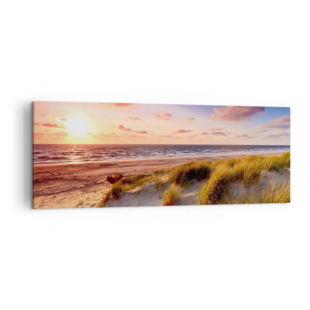 Cuadro sobre lienzo - Impresión de Imagen - Una playa cubierta de hierba y una puesta de sol sobre un mar en calma. - 140x50cm - Se siente la brisa veraniega - Decoración de pared moderna para salón y dormitorio ARTTOR
