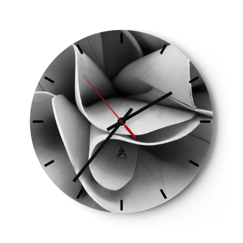Reloj de pared - Reloj de vidrio - Un primer plano de una forma en blanco y negro que se asemeja a una flor abstracta. - 30x30cm - Sucede en el espacio - Decoración de pared moderna para salón, cocina y dormitorio ARTTOR
