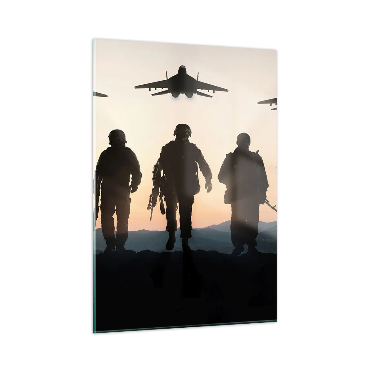 Cuadro sobre vidrio - Impresiones sobre Vidrio - Soldados con el sol poniente y los aviones como telón de fondo - 50x70cm - Bienvenido a nuestro mundo - Decoración de pared moderna para salón y dormitorio ARTTOR