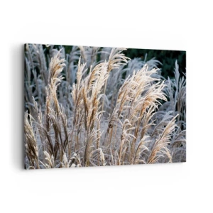 Cuadro sobre lienzo - Impresión de Imagen - Hojas de hierba invernales cubiertas de escarcha sobre un fondo verde oscuro - 120x80cm - Campos y campos - Decoración de pared moderna para salón y dormitorio ARTTOR