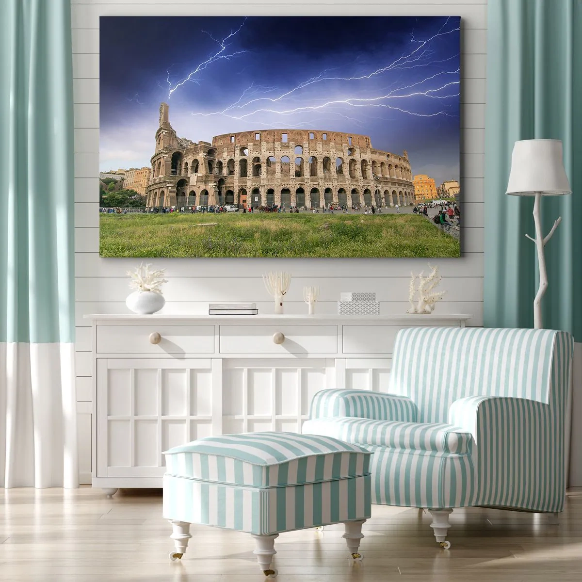 Cuadro sobre lienzo - Impresión de Imagen - El Coliseo de Roma iluminado por un rayo - 100x70cm - Arena de guerreros - Decoración de pared moderna para salón y dormitorio ARTTOR