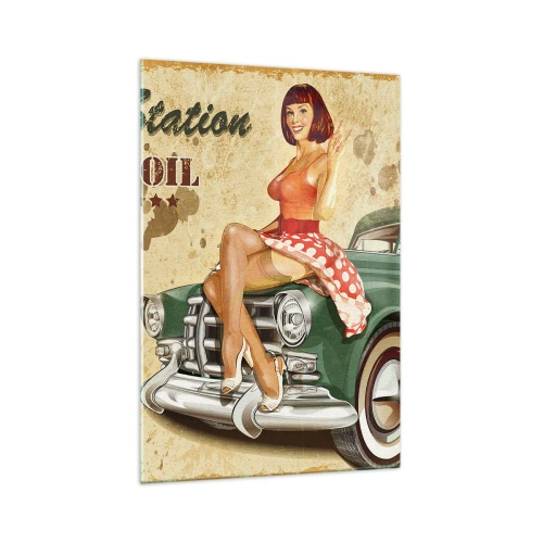 Cuadro sobre vidrio - Impresiones sobre Vidrio - Póster retro de la Ruta 66 con chica pin-up y coche. - 70x100cm - Los gloriosos años 40 - Decoración de pared moderna para salón y dormitorio ARTTOR