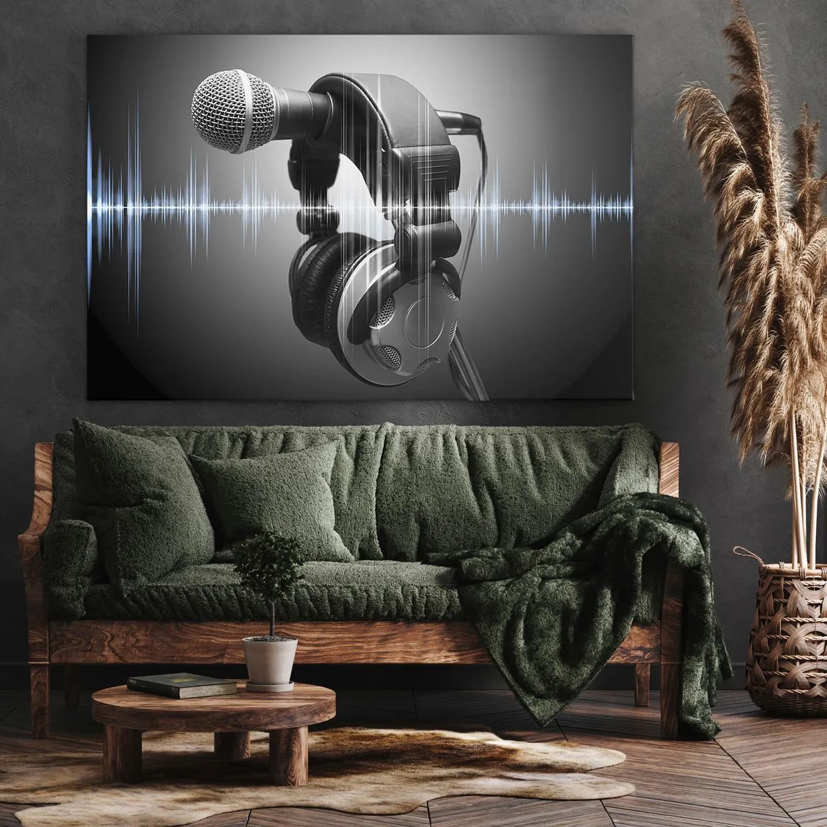 Cuadro sobre lienzo - Impresión de Imagen - Micrófono y auriculares con visualización de ondas sonoras de fondo. - 120x80cm - Todavía se puede escuchar el canto - Decoración de pared moderna para salón y dormitorio ARTTOR