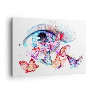 Cuadro sobre lienzo - Impresión de Imagen - Un ojo de acuarela rodeado de mariposas coloridas. - 70x50cm - El encanto de los ojos de cuento de hadas - Decoración de pared moderna para salón y dormitorio ARTTOR