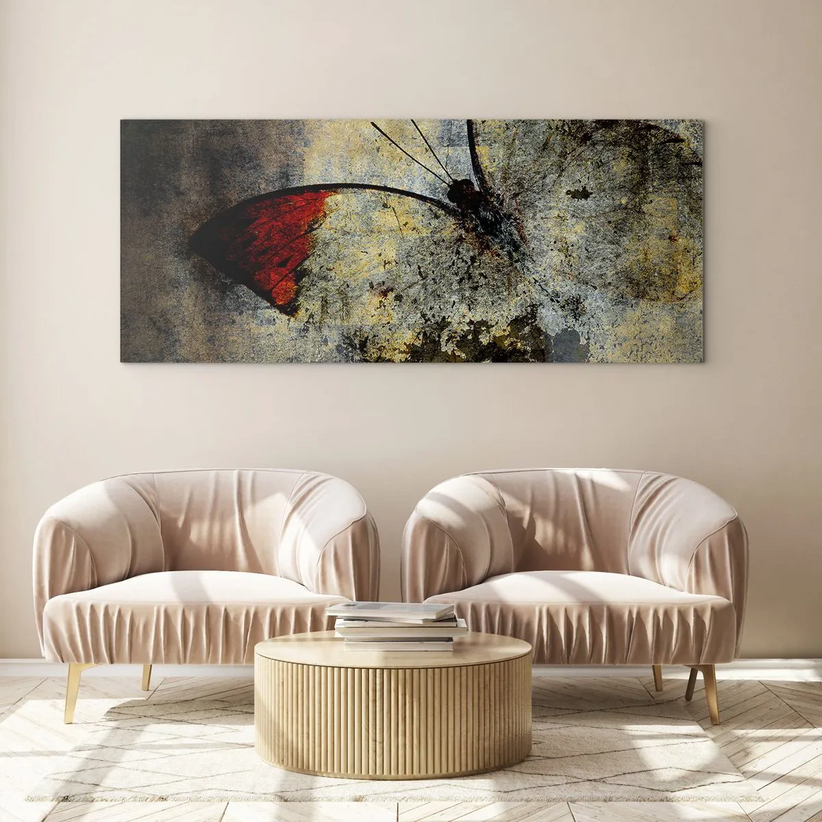 Cuadro sobre vidrio - Impresiones sobre Vidrio - Una mariposa en tonos rojos y grises sobre un fondo texturizado. - 140x50cm - Mira antes de que desaparezca - Decoración de pared moderna para salón y dormitorio ARTTOR