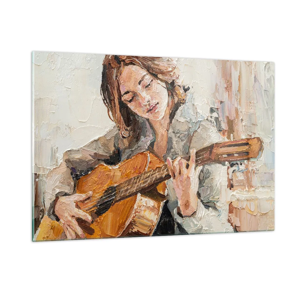 Cuadro sobre vidrio - Impresiones sobre Vidrio - Una niña tocando la guitarra en estilo impresionista. - 120x80cm - Concierto de guitarra y corazón joven - Decoración de pared moderna para salón y dormitorio ARTTOR