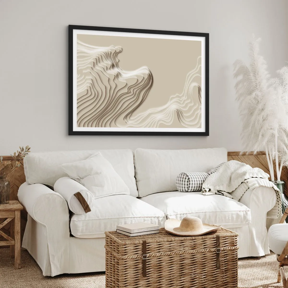 Póster en marco negro - Un patrón abstracto en tonos beige con efecto lineal. - 70x50cm - Topografía del arte - Decoración de pared moderna para salón y dormitorio ARTTOR