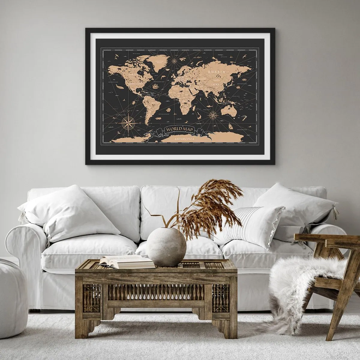 Póster en marco negro - Un mapa del mundo estilizado sobre un fondo negro con acentos beige. - 70x50cm - Las fronteras de mi mundo - Decoración de pared moderna para salón y dormitorio ARTTOR