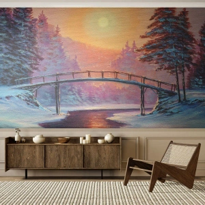 Fotomural Premium Sand - Paisaje invernal con un puente y la puesta de sol - 100x70cm - Las cuatro estaciones: el invierno - Decoración de pared moderna para salón y dormitorio ARTTOR