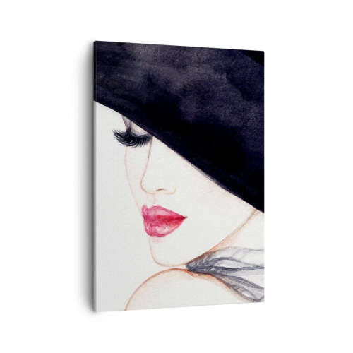Cuadro sobre lienzo - Impresión de Imagen - Una ilustración sutil de una mujer con un sombrero negro y labios rojos. - 50x70cm - Elegancia y sensualidad - Decoración de pared moderna para salón y dormitorio ARTTOR