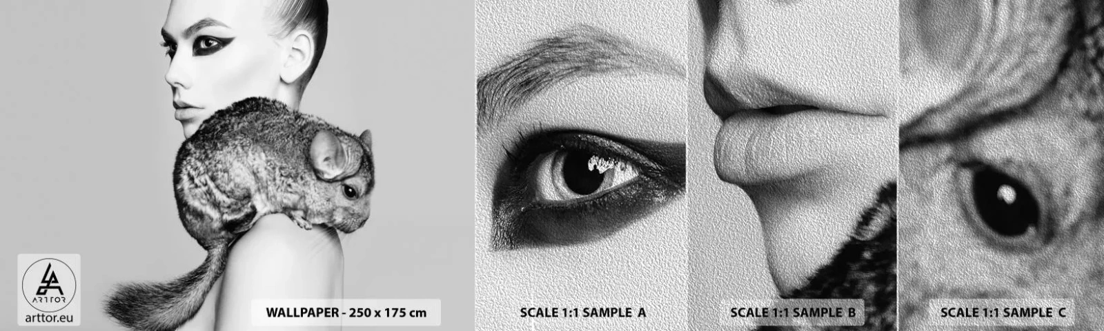 Muestra de fotomural Premium Sand - Dama con chinchilla - Mujer, Mujer con chinchilla, Modelo - 100x30 cm